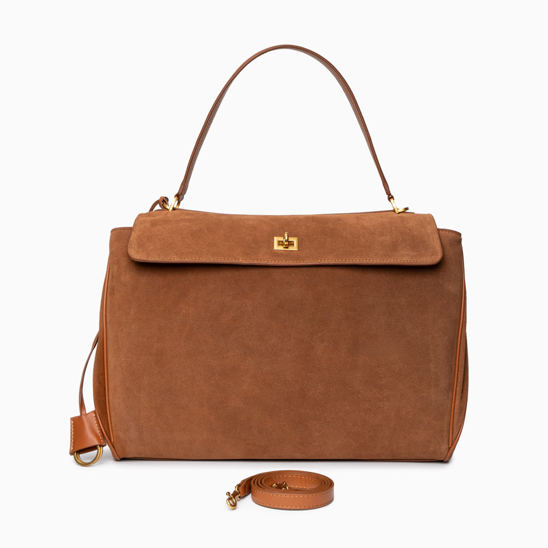 Clara – Elegante Damenhandtasche aus dunkelbraunem Wildleder mit goldfarbenem Drehverschluss
