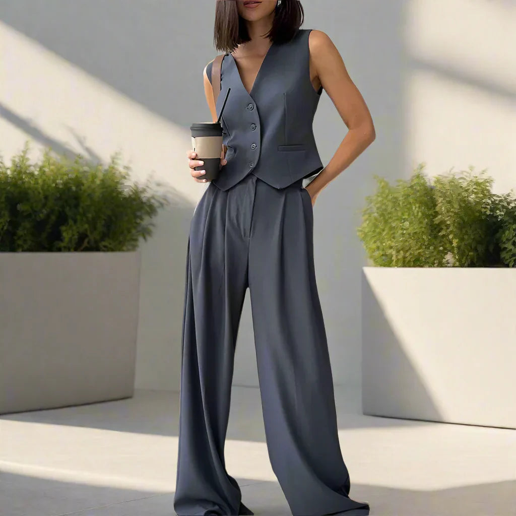 Elegantes Damen Hosenanzug Set mit V-Ausschnitt und weitem Bein