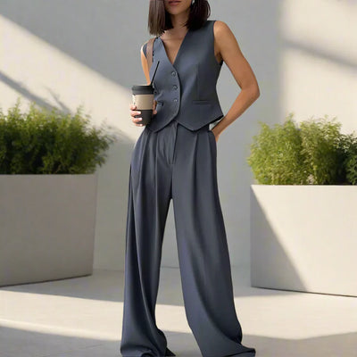 Elegantes Damen Hosenanzug Set mit V-Ausschnitt und weitem Bein