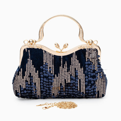 Alyannah | Navyblaue Samt-Clutch mit goldenen Pailletten & verziertem Griff – Elegante Abendtasche für Damen