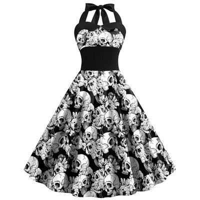 Damen Halloween Kleid | Rockabilly Kleid mit Totenkopf Print und Neckholder