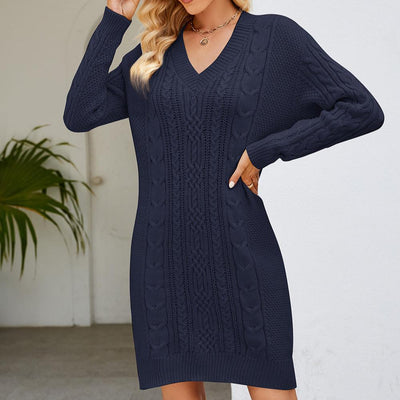 Damen Kleid Zopfstrick Langarm Elegant