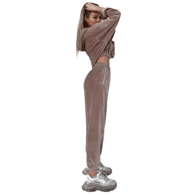 Damen Loungewear Set Velours Cropped Hoodie Weite Hosen