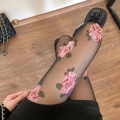 Damen Strumpfhose mit Rosenmuster Vintage Stil