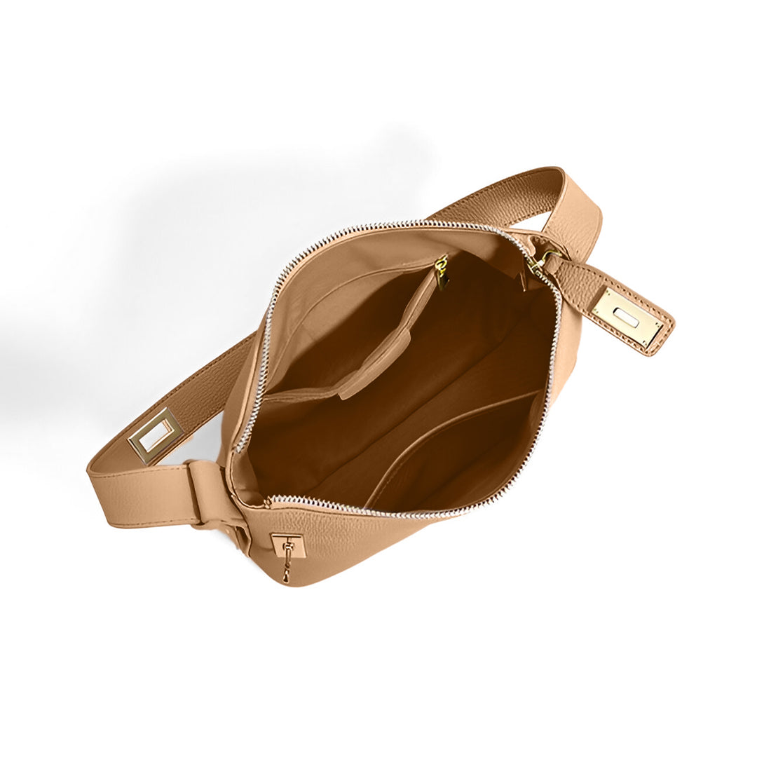 Delia | Kleine Damen-Schultertasche aus strukturiertem Leder in Camel mit goldfarbenem Schlossverschluss