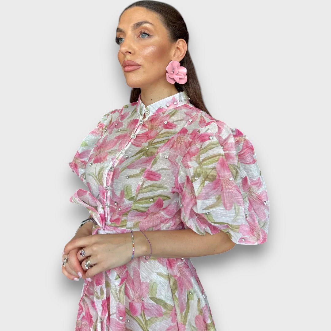 Celindra – Maxi-Kleid mit floraler Struktur und Bindegürtel