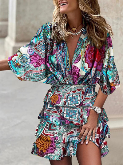 Luftiges Sommerkleid Damen V-Ausschnitt Rüschen Gürtel Midi