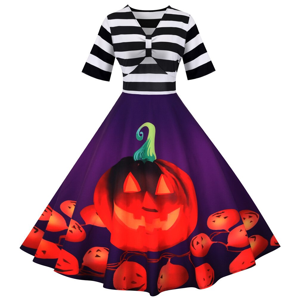 Damen Halloween-Kleid mit Kürbis-Print | Gestreiftes Oberteil & Midi-Länge