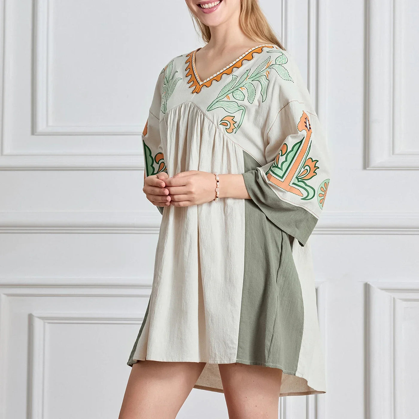 Lässiges Oversize Boho Damen Minikleid mit 3/4 Ärmeln