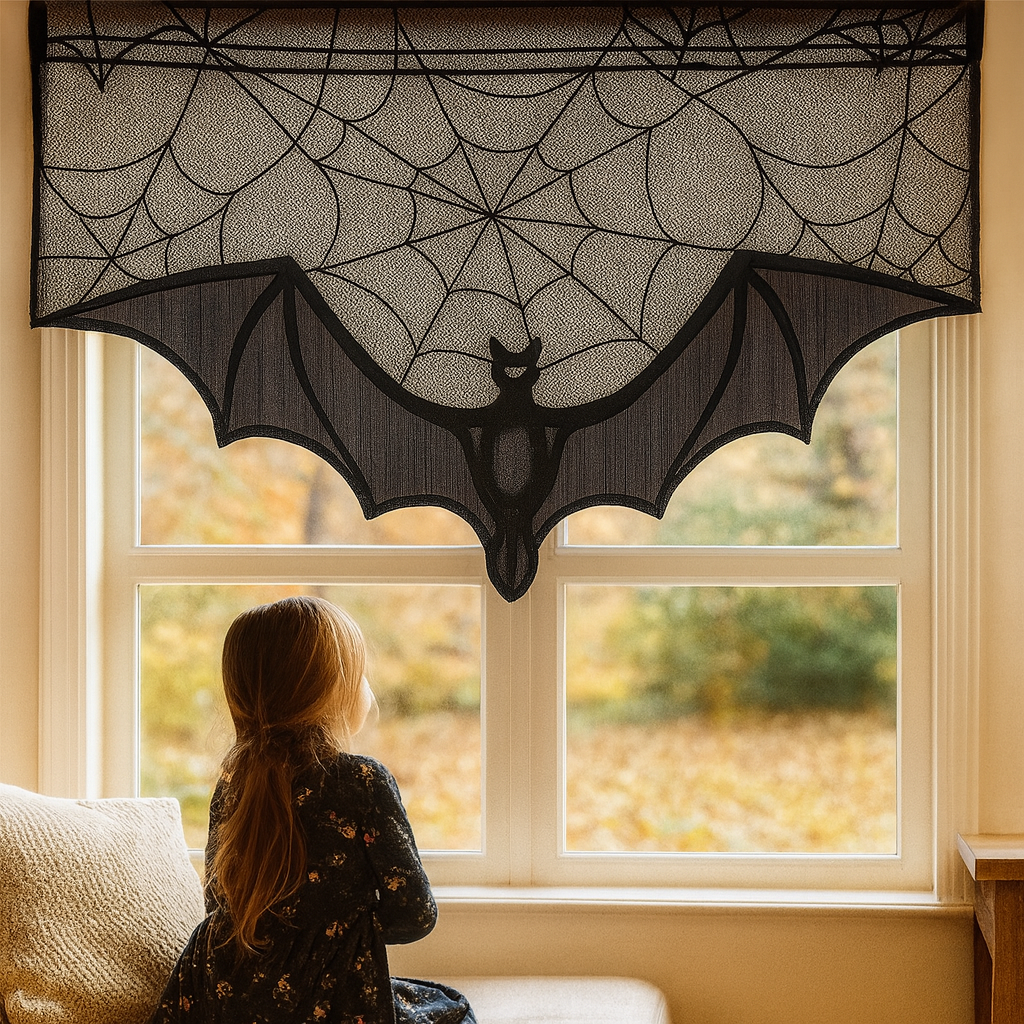 GothicLace Halloween Spitzen-Deko – Schwarzer Überwurf mit Fledermaus & Spinnennetz