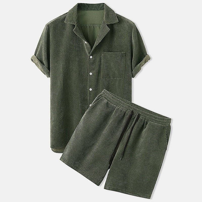 Herren Lässiges Cordhemd und Shorts Set | Retro Casual Kleidung