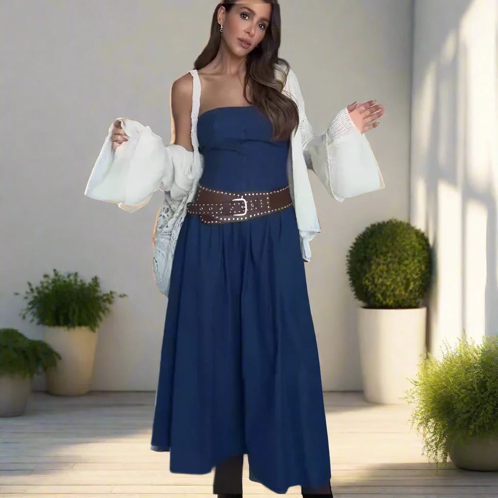 Trägerloses Elegantes Damen Jeanskleid Midi Slim Fit Vintage