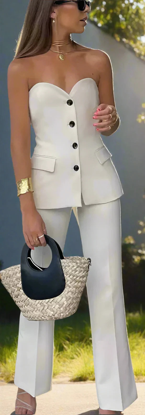 Elegantes Schulterfreies Damen Hosenanzug Set Vintage