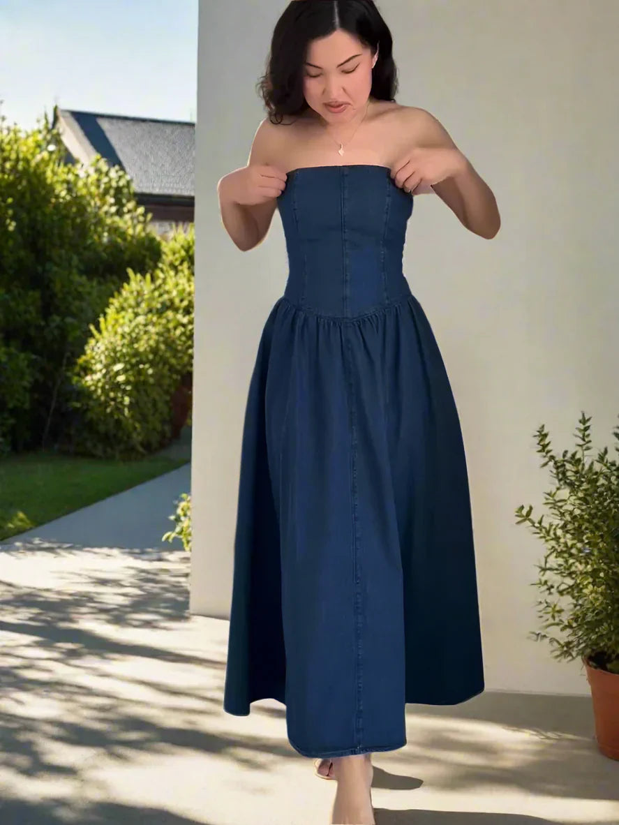 Trägerloses Elegantes Damen Jeanskleid Midi Slim Fit Vintage