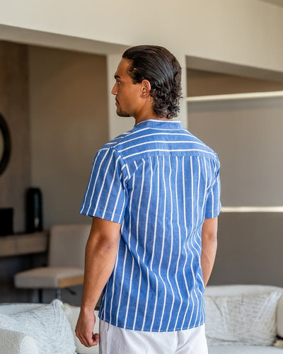 Charles | Gestreiftes Herren-Sommer Leinenhemd mit Stehkragen