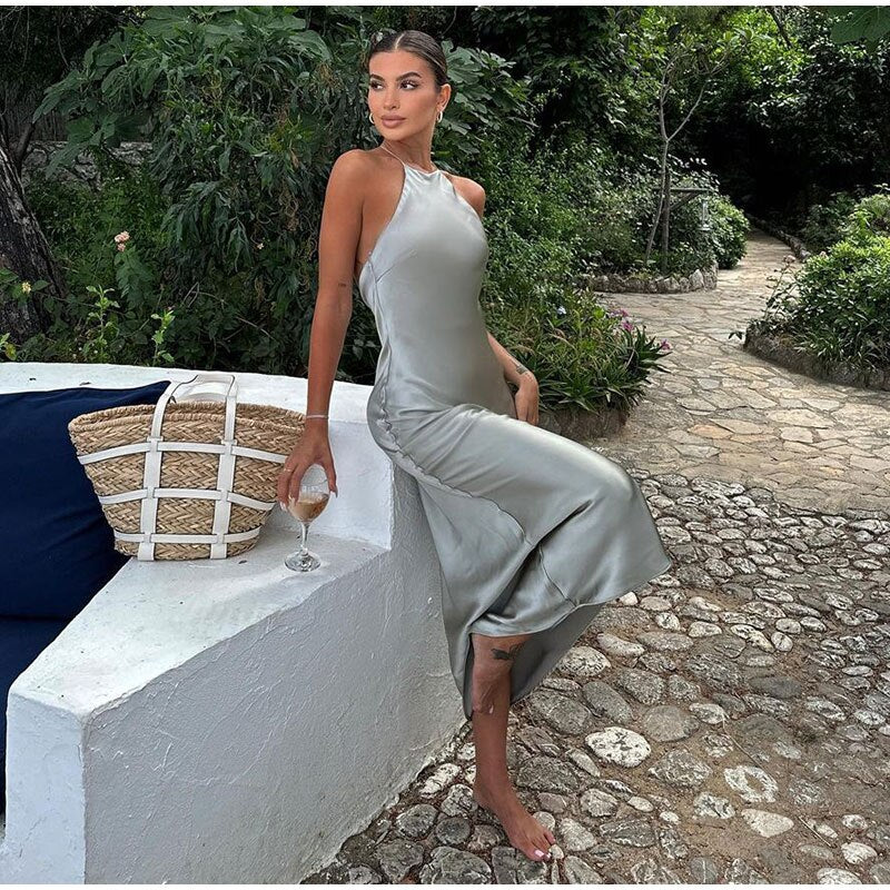 Judy Damen Satin Midikleid mit Neckholder