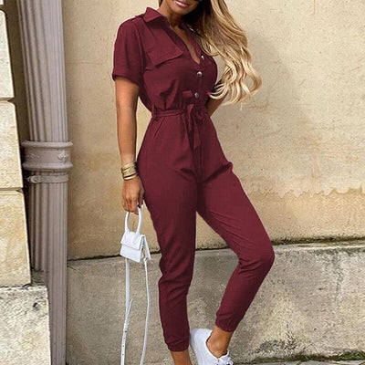 Damen Jumpsuit – Taillierter Schnitt mit Gürtel – Kurzarm – Streifenmuster – Knopfleiste