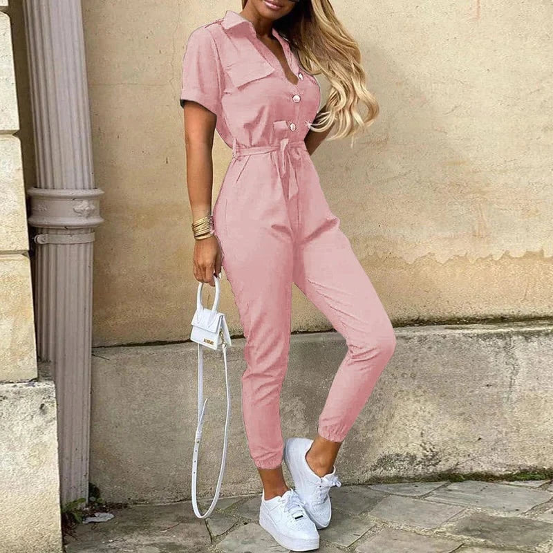 Damen Jumpsuit – Taillierter Schnitt mit Gürtel – Kurzarm – Streifenmuster – Knopfleiste