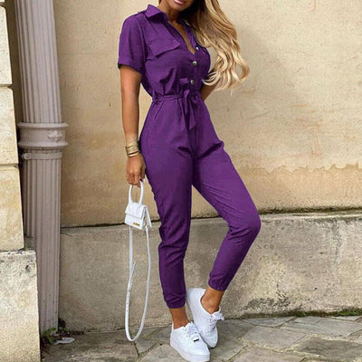 Damen Jumpsuit – Taillierter Schnitt mit Gürtel – Kurzarm – Streifenmuster – Knopfleiste