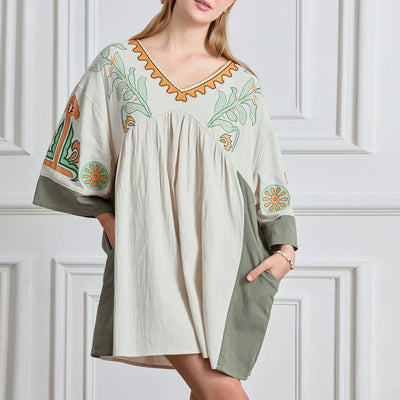 Lässiges Oversize Boho Damen Minikleid mit 3/4 Ärmeln