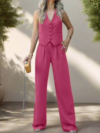 Elegantes Damen Hosenanzug Set mit V-Ausschnitt und weitem Bein