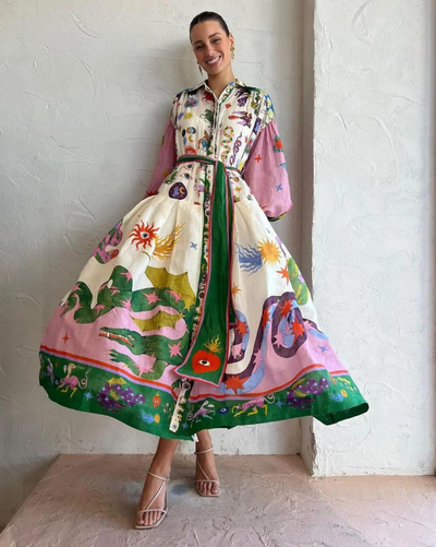 Matilda - Langes Kleid mit Vintage-Print und Polokragen für Damen