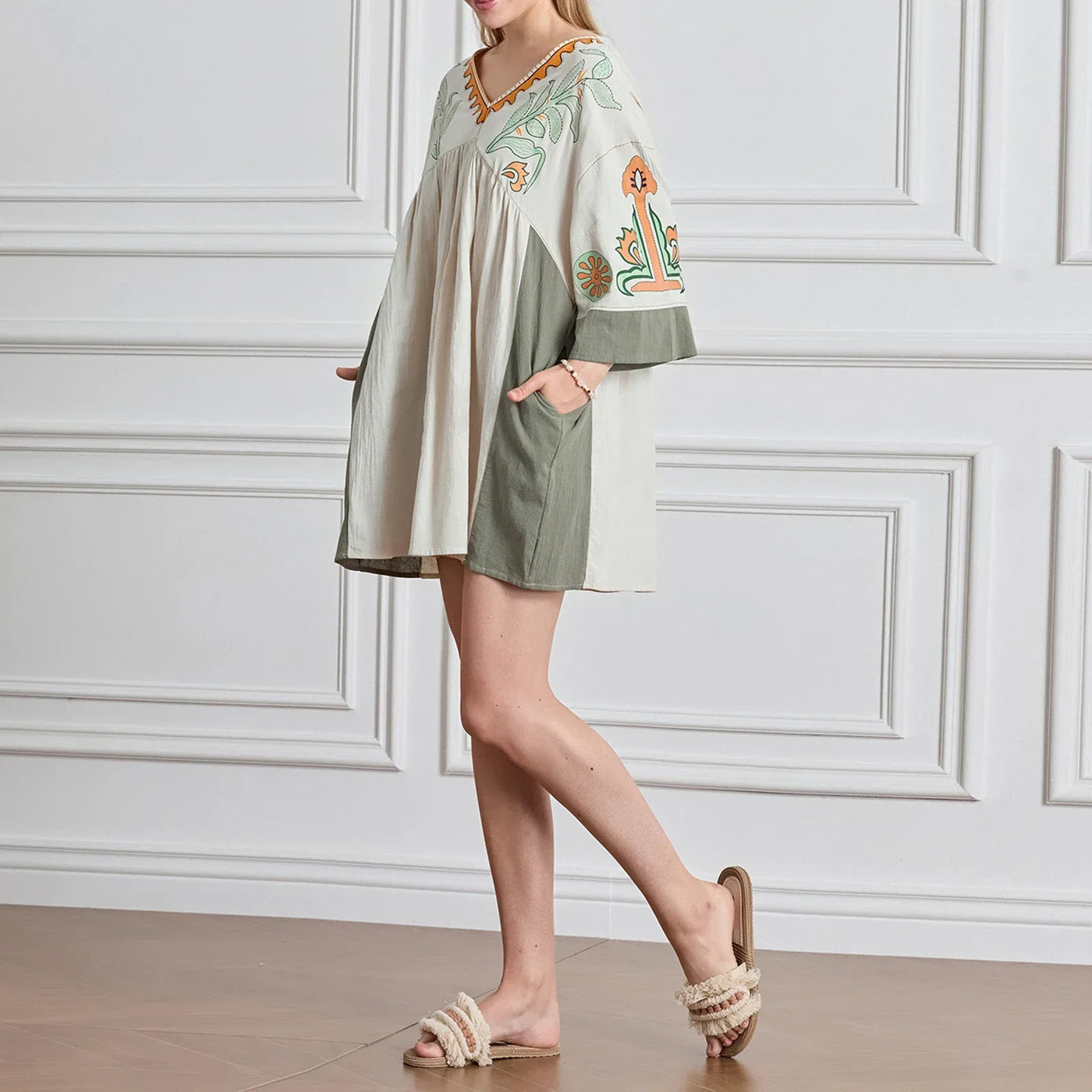 Lässiges Oversize Boho Damen Minikleid mit 3/4 Ärmeln