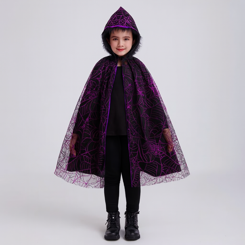 Noctira | Vintage-Halloween-Kapuzenumhang mit Spinnennetz- und Fledermaus-Print