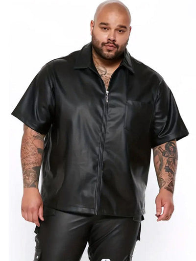 Herren lässige Kunstlederhemdjacke mit kurzem Arm und praktischen Reißverschlusstaschen Aliams