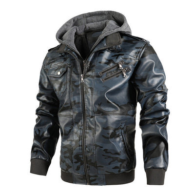 Herren Camouflage Lederjacke mit Kapuze und Taschen