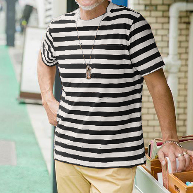 Herren klassisches Streifen-T-Shirt mit Brusttasche Aliams