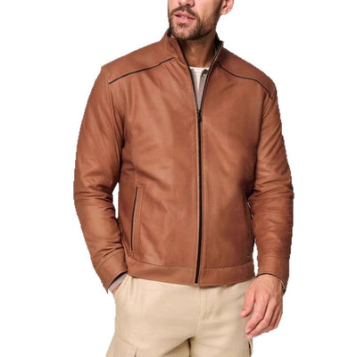 Herren stylische Lederjacke mit modernem Stehkragen und dezenten Kontrastnähten Aliams
