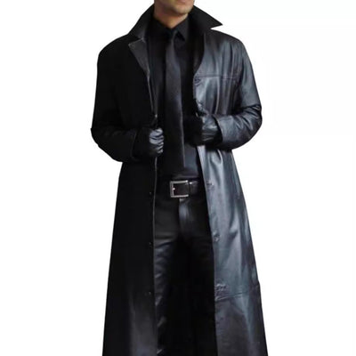Herren eleganter Kunstledermantel mit doppeltem Knopfverschluss Aliams