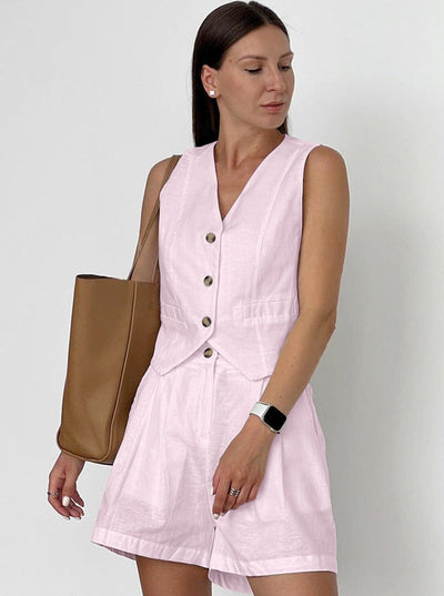 Damen Leinen Zweiteiler – Bluse mit Knöpfen & Shorts im Relaxed Fit