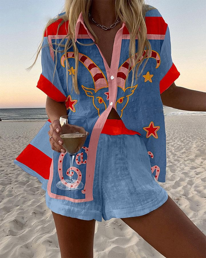 Jorelle  | Kurzes komplettes Leinen-Outfit mit Ziege-Druck