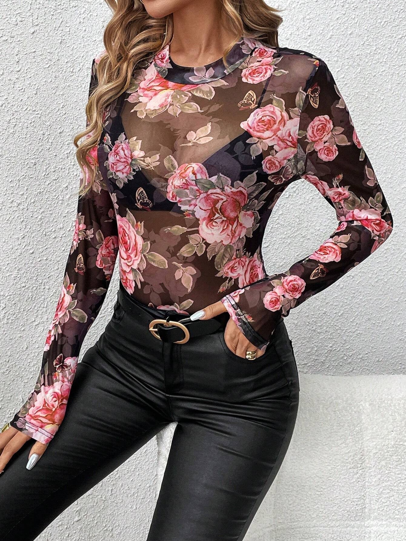 Mesh-Top mit Blumenmuster - Stehkragen und schmale Passform