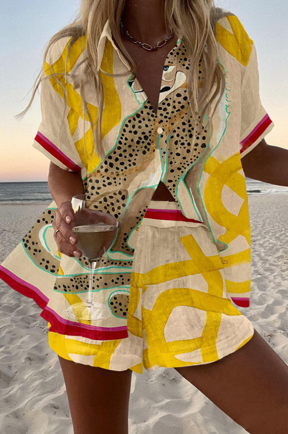 Casima  | Kurzes Leinen-Set mit Gepardendruck