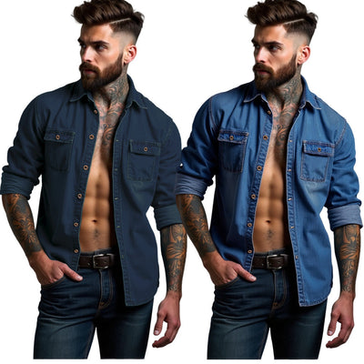 Herren lässige Denim-Hemdjacke mit zwei aufgesetzten Taschen Aliams