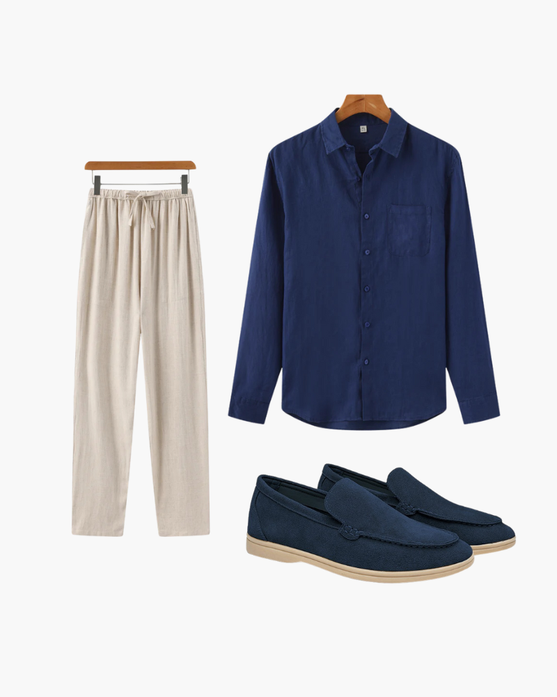 Nicholas | 3-teiliges Old Money Sommer-Outfit mit Leinenhemd, hose & Wildleder-Loafer