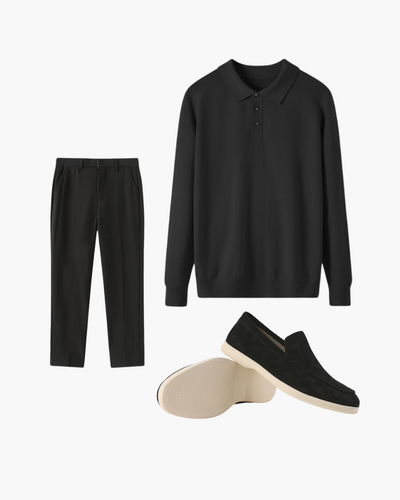 Kayden | All-Black Passendes Outfit mit Langer Ärmel Polohemd, hose & Wildleder-Loafer