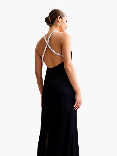 Celine | Blanche Satin Perlenhalter Maxikleid