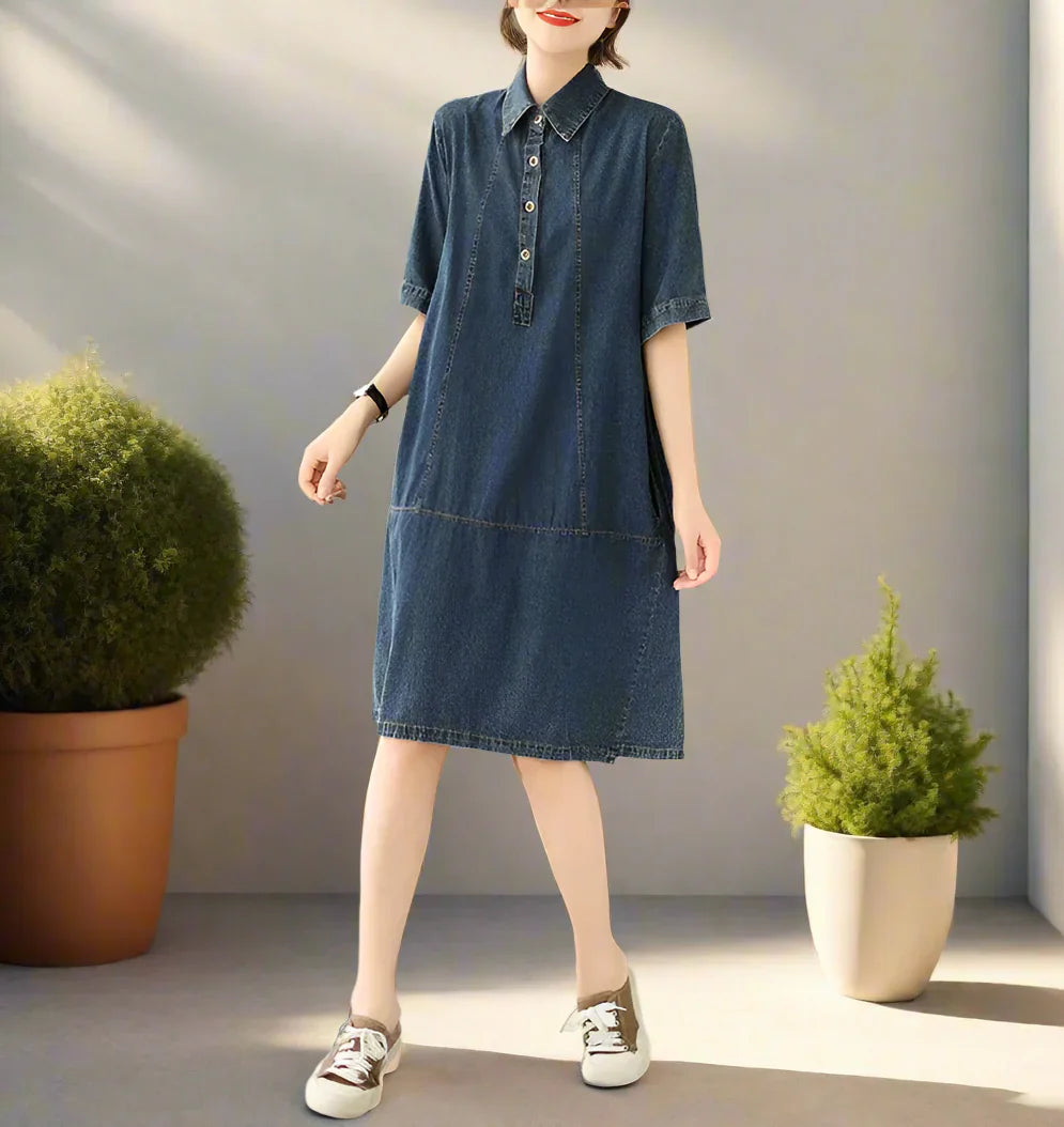 Lässiges Vintage Damen Jeanskleid Knielang Halber Arm