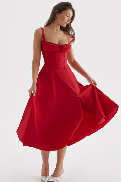 Lena | Midikleid mit roten Rosen und Taillenbetonung