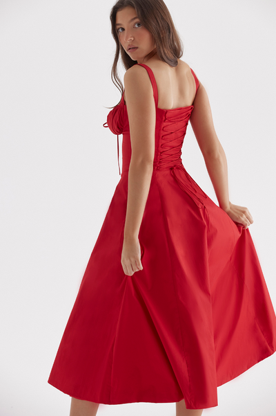 Lena | Midikleid mit roten Rosen und Taillenbetonung