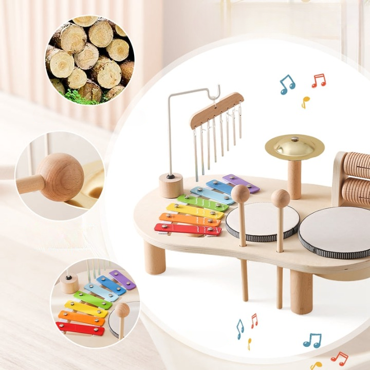 MelodyPlay Holzmusikspielzeug – All-in-One Pädagogisches Instrument für Kleinkinder mit Trommeln, Xylophon & Glocken