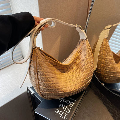 Damen Strohtasche Sommer – Handgemachte Boho Strandtasche mit Reißverschluss