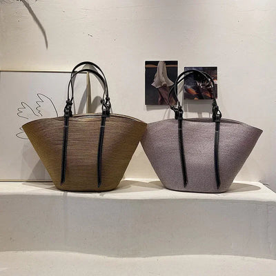 Luxus Boho Strohtasche Damen – Handgemachte Strandtasche mit veganem Leder