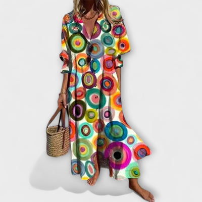 Lila - Figurbetontes Maxikleid mit Bauchbedeckung" can be rewritten as:

"Lila - Figurbetontes Maxikleid mit Bauchbedeckendem Design