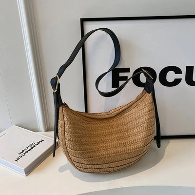 Damen Strohtasche Sommer – Handgemachte Boho Strandtasche mit Reißverschluss