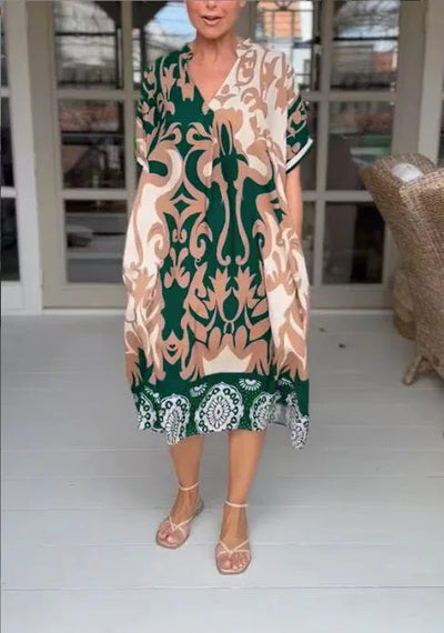 Rilana - V-Ausschnitt Und Lockeres Bedrucktes Midi Kleid